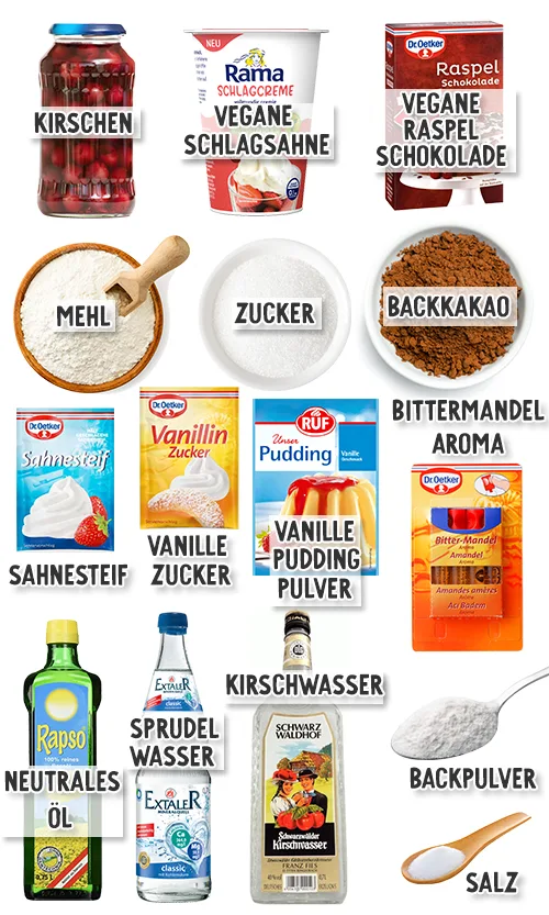 Übersicht der Zutaten für eine vegane Schwarzwälder Kirschtorte vom Blech mit Kirschen, Schokoraspeln, Sahne, Mehl, Zucker, Backkakao, Vanillezucker, Vanillepuddingpulver, Sahnesteif, Bittermandelaroma, Öl, Sprudelwasser, Kirschwasser, Salz und Backpulver.