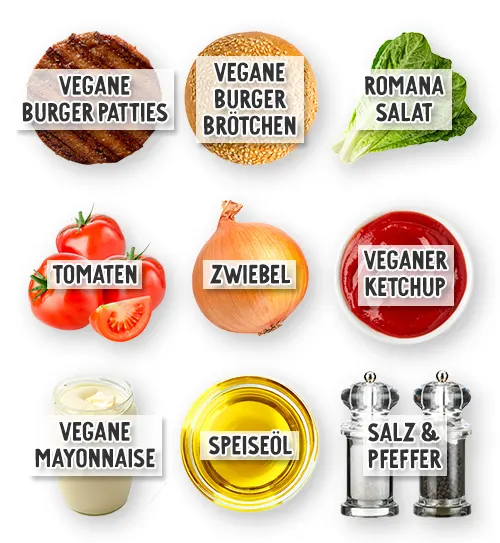 Einzeln beschriftete Zutaten für einen veganen Burger: Burger Patties, Burger Brötchen, Romana-Salat, Tomaten, Zwiebel, Ketchup, vegane Mayonnaise, Speiseöl sowie Salz und Pfeffer.