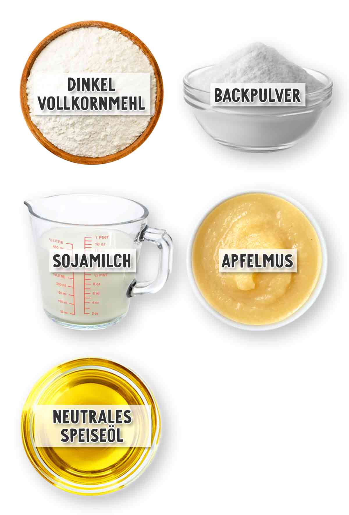 Übersicht der Zutaten für gesunde vegane Waffeln ohne Zucker: Dinkelvollkornmehl, Backpulver, Sojamilch, Apfelmus und neutrales Speiseöl.