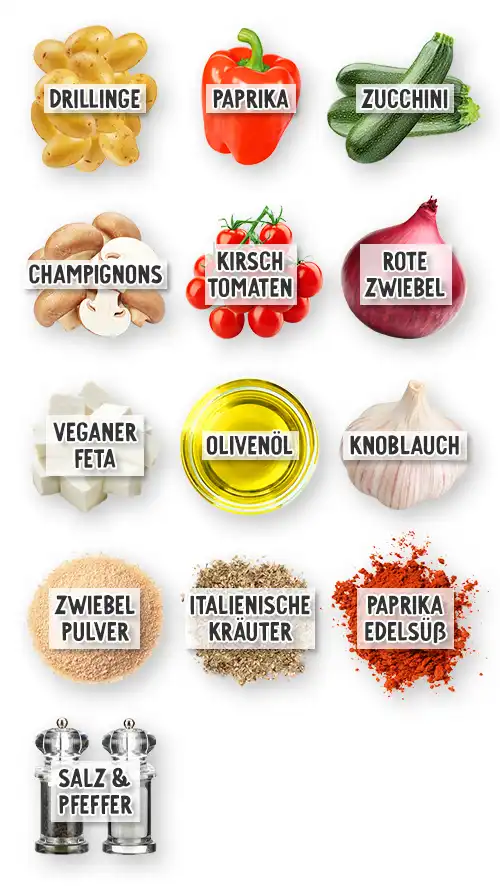 Zutaten für mediterranes Ofengemüse mit Kartoffeln und veganem Feta in der Übersicht: Drillinge, Paprika, Zucchini, Champignons, Kirschtomaten, rote Zwiebel, veganer Feta, Olivenöl, Knoblauch, Zwiebelpulver, italienische Kräuter, Paprika edelsüß, Salz & Pfeffer.