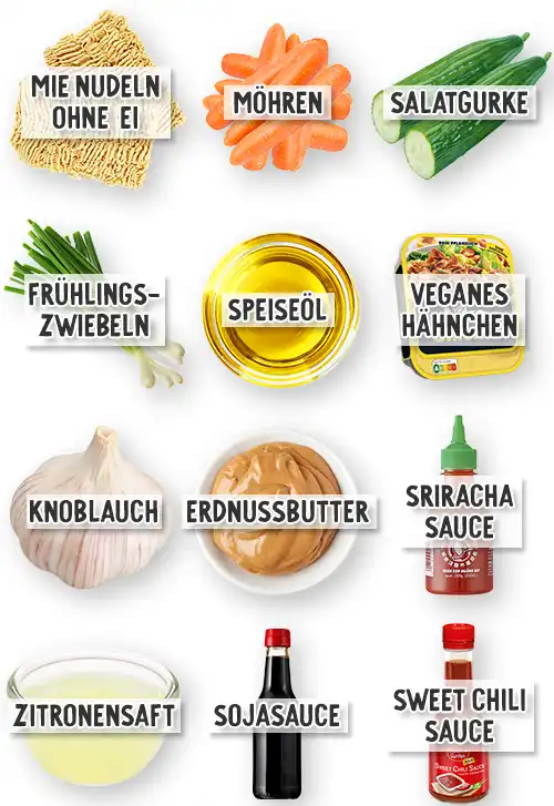 Bildübersicht mit Zutaten für Mie-Nudeln mit veganem Hähnchen - Mie-Nudeln ohne Ei, Möhren, Salatgurke, Frühlingszwiebeln, Speiseöl, veganes Hähnchen, Knoblauch, Erdnussbutter, Sriracha Sauce, Zitronensaft, Sojasauce und Sweet Chili Sauce.