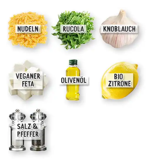 Zutaten für ein Nudelgericht mit Rucola und veganem Feta: Nudeln, Rucola, Knoblauch, veganer Feta, Olivenöl, Bio-Zitrone sowie Salz und Pfeffer.