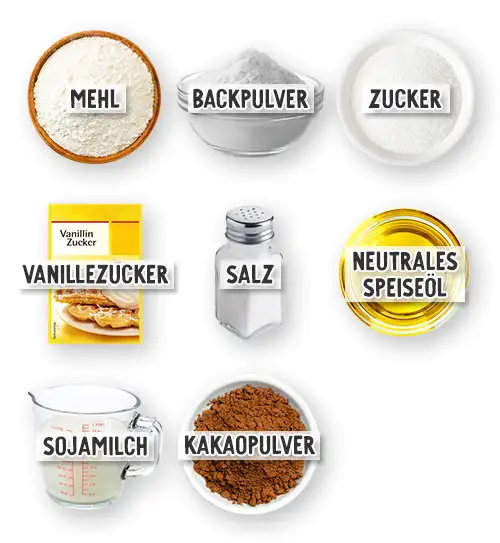 Zutaten für Streuselkuchen vom Kuchenblech in der Übersicht: Mehl, Zucker, Vanillezucker, Hefe, Salz, vegane Butter, Sojamilch und vegane Cuisine.