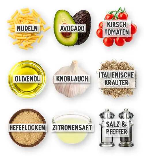 Zutaten für vegane Avocado Pasta nebeneinander angeordnet mit Beschriftung - Nudeln, Avocado, Kirschtomaten, Olivenöl, Knoblauch, italienische Kräuter, Hefeflocken, Zitronensaft sowie Salz und Pfeffer.