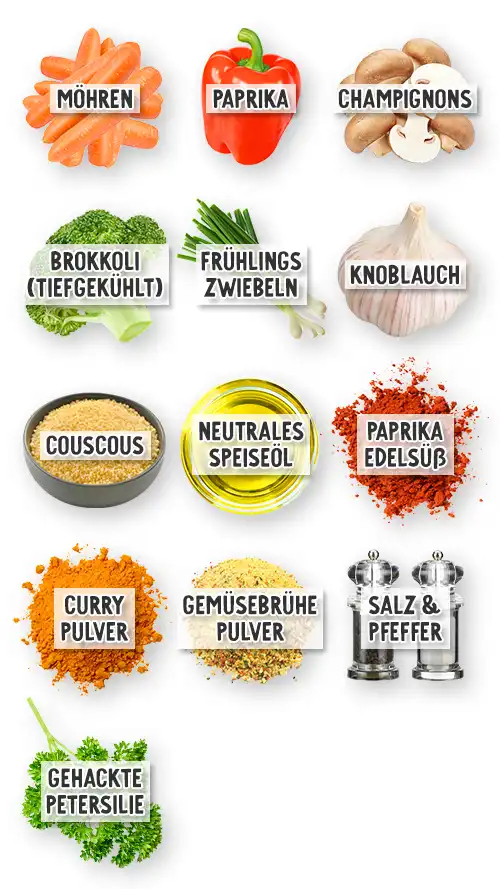 Zutaten für vegane Couscous-Pfanne mit Gemüse in der Übersicht: Möhren, rote Paprika, Champignons, Brokkoli tiefgekühlt, Frühlingszwiebeln, Knoblauch, Couscous, neutrales Speiseöl, Paprika edelsüß, Currypulver, Gemüsebrühepulver, Salz & Pfeffer, gehackte Petersilie.