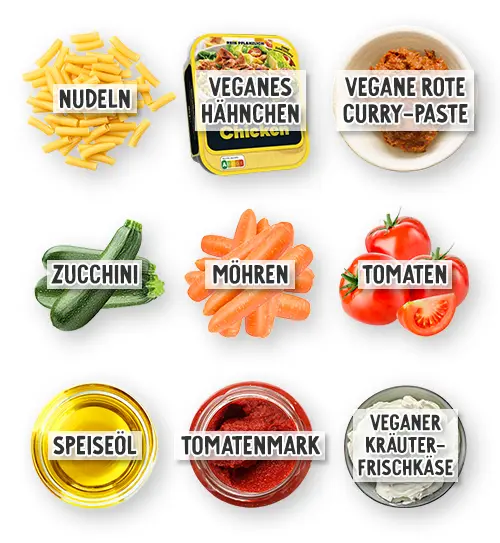 Zutatenbild mit Nudeln, veganem Hähnchen, roter Currypaste, Zucchini, Möhren, Tomaten, Speiseöl, Tomatenmark und veganem Kräuterfrischkäse.