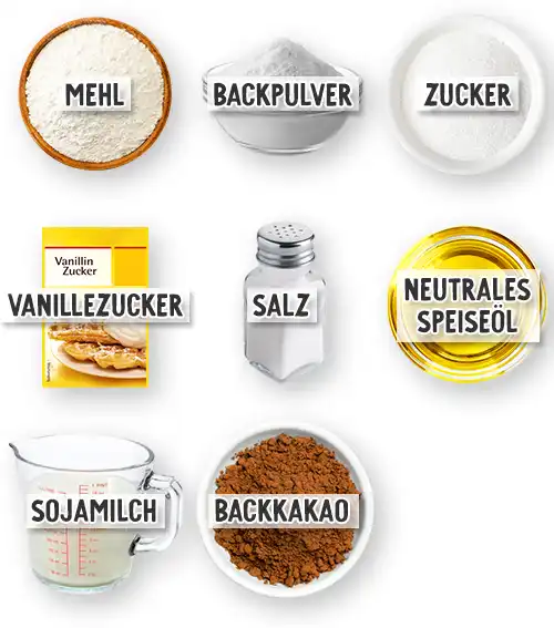 Acht Zutaten für einen veganen Marmorblechkuchen, darunter Mehl in einer Schüssel, Backpulver in einer Schale, Zucker in einer Schale, eine Packung Vanillinzucker, ein Salzstreuer, neutrales Speiseöl in einer Schale, Sojamilch in einem Messbecher und Backkakao in einer Schüssel.