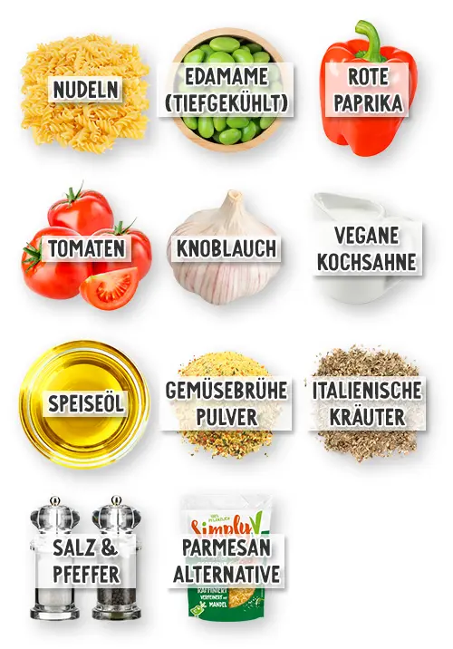 Zutaten für eine vegane Nudelpfanne: Fusilli-Nudeln, tiefgekühlte Edamame, rote Paprika, frische Tomaten, eine Knoblauchknolle, vegane Kochsahne, Speiseöl, Gemüsebrühepulver, italienische Kräuter, Salz und Pfeffer sowie eine vegane Parmesan-Alternative.