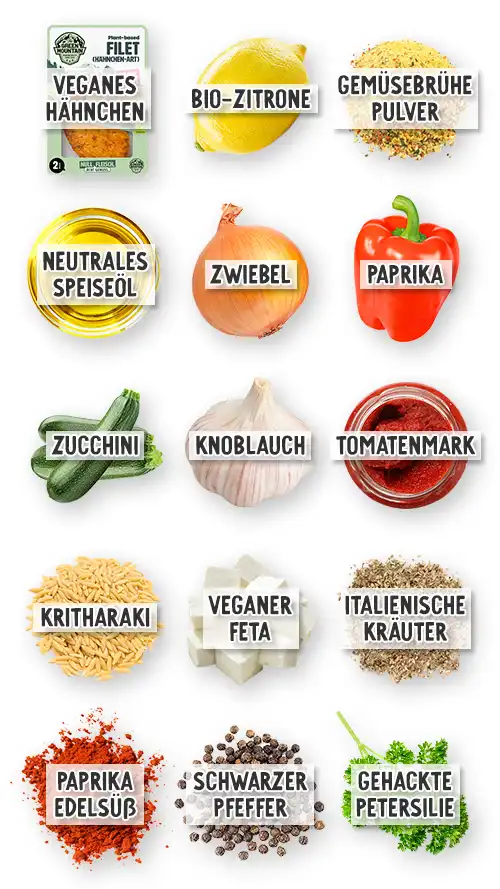 Zutaten für Orzopfanne mit veganem Zitronen-Hähnchen in der Übersicht: Veganes Hähnchenfilet, Bio-Zitronen, Gemüsebrühepulver, neutrales Speiseöl, Zwiebeln, Paprika, Zucchini, Knoblauch, Tomatenmark, Kritharaki, veganer Feta, italienische Kräuter, Paprika edelsüß, schwarzer Pfeffer & gehackte Petersilie.