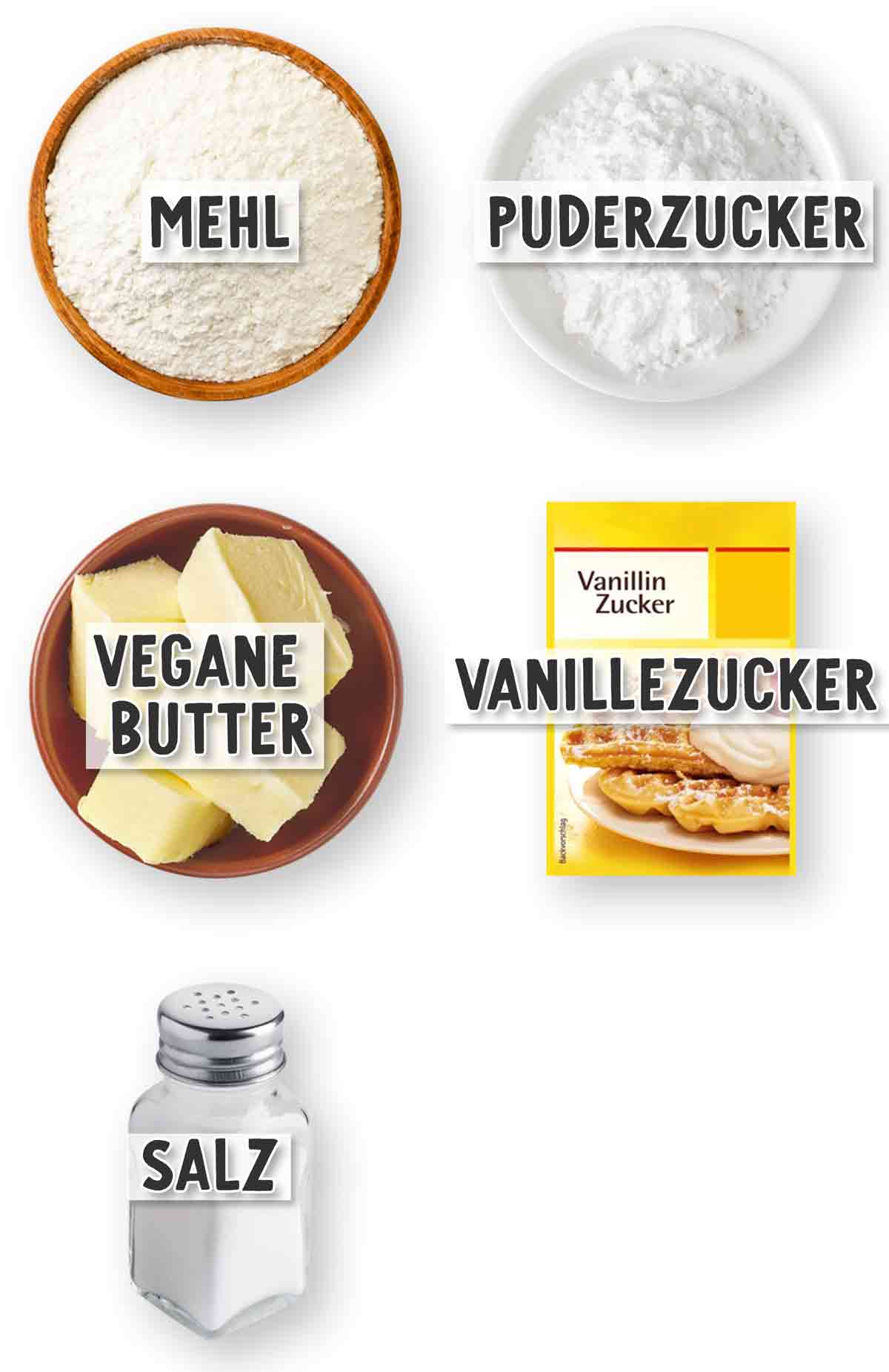 Zutaten für vegane Osterplätzchen: Mehl, Puderzucker, vegane Butter, Vanillezucker und Salz auf weißem Hintergrund