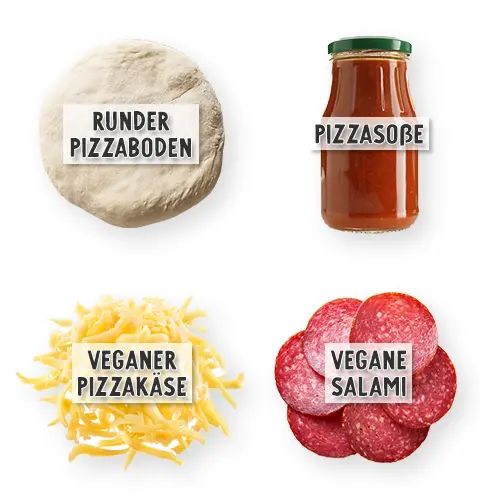 Zutaten für vegane Pizza Salami in der Übersicht: runder Pizzaboden, Pizzasoße, veganer Pizzakäse & vegane Salami.
