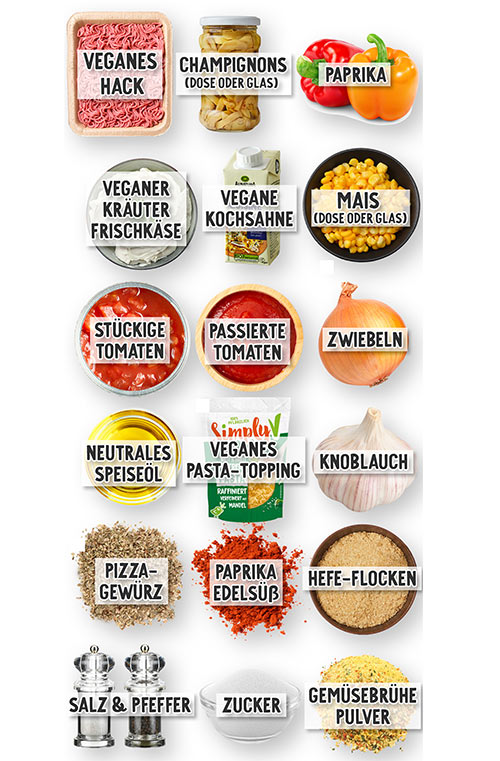 Zutaten für eine vegane Pizzasuppe: veganes Hack, Champignons aus der Dose oder im Glas, Paprika, veganer Kräuter-Frischkäse, vegane Kochsahne, Mais aus der Dose oder im Glas, stückige Tomaten, passierte Tomaten, Zwiebeln, neutrales Speiseöl, veganes Pasta-Topping, Knoblauch, Pizza-Gewürz, edelsüßes Paprikapulver, Hefeflocken, Salz & Pfeffer, Zucker und Gemüsebrühepulver.