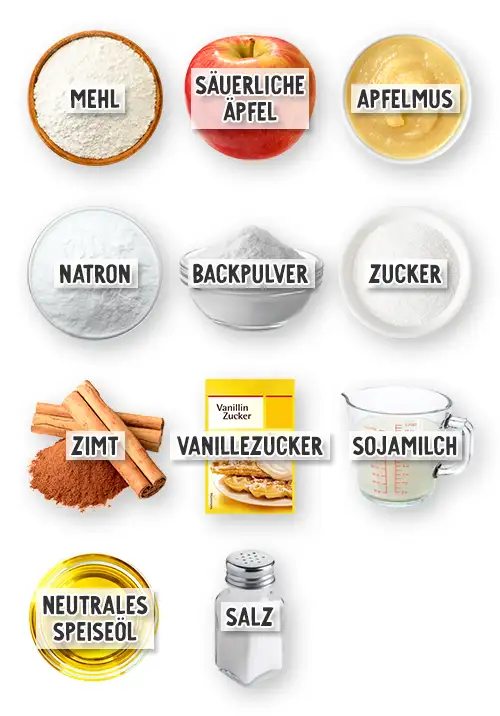 Zutaten für veganen Apfelkuchen mit Apfelmus in der Übersicht: Mehl, säuerliche Äpfel, Apfelmus, Natron, Backpulver, Zucker, Zimt, Vanillezucker, Sojamilch & neutrales Speiseöl und Salz.