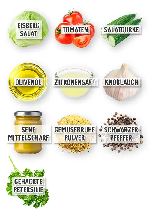 Zutaten für Eisbergsalat mit Tomate, Gurke und Knoblauch-Senf-Dressing in der Übersicht: Eisbergsalat, Tomaten, Salatgurke, Olivenöl, Zitronensaft, Knoblauch, mittelscharfer Senf, Gemüsebrühepulver, schwarzer Pfeffer & gehackte Petersilie.