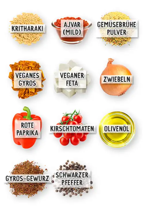 Zutaten für veganen Gyrosauflauf mit Kritharaki in der Übersicht: Kritharaki, Ajvar, Gemüsebrühepulver, veganes Gyros, veganer Feta, Zwiebeln, rote Paprika, Kirschtomaten, Olivenöl, Gyrosgewürz und schwarzer Pfeffer.