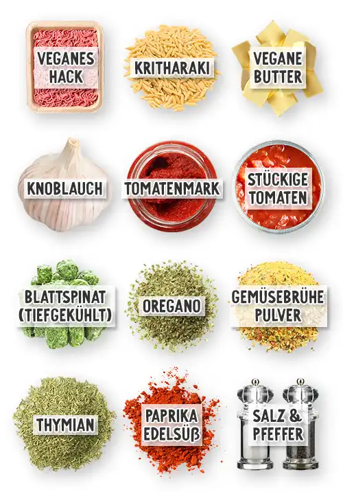 Zutaten für veganen Orzo-Eintopf mit Blattspiant und veganem Hack in der Übersicht: Veganes Hack, Kritharaki, vegane Butter, Knoblauch, Tomatenmark, stückige Tomaten, Blattspinat tiefgekühlt, Oregano, Gemüsebrühepulver, Thymian, Paprika edelsüß, Salz & Pfeffer.