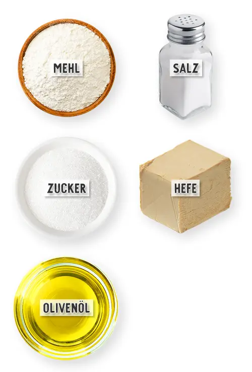Zutaten für veganen Pizzateig für runde Pizzen in der Übersicht: Mehl, Salz, Zucker, Hefe & Olivenöl.