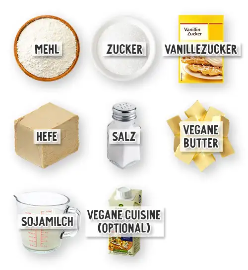 Zutaten für saftige vegane Marmormuffins in der Übersicht: Mehl, Backpulver, Zucker, Vanillezucker, Salz, neutrales Speiseöl, Sojamilch und Kakaopulver.
