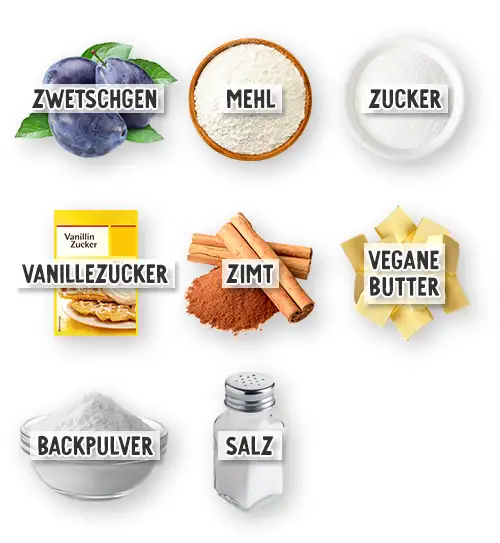 Zutaten für veganen Zwetschgenkuchen vom großen Backblech in der Übersicht: Zwetschgen, Mehl, Zucker, Vanillezucker, Zimt, vegane Butter, Backpulver & Salz.
