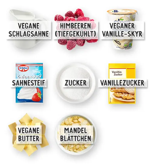 Zutaten für veganes Himbeer Dessert in der Übersicht: Vegane Schlagsahne, Himbeeren tiefgekühlt, veganer Vanille-Skyr, Sahnesteif, Zucker, Vanillezucker, vegane Butter, Mandelblättchen.