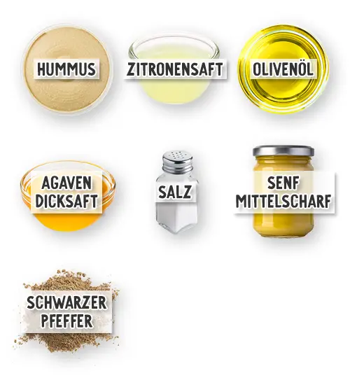 Zutaten für veganes Hummusdressing in der Übersicht: Humms, Zitronensaft, Olivenöl, Agavendicksaft, Salz, mittelscharfer Senf, schwarzer Pfeffer.
