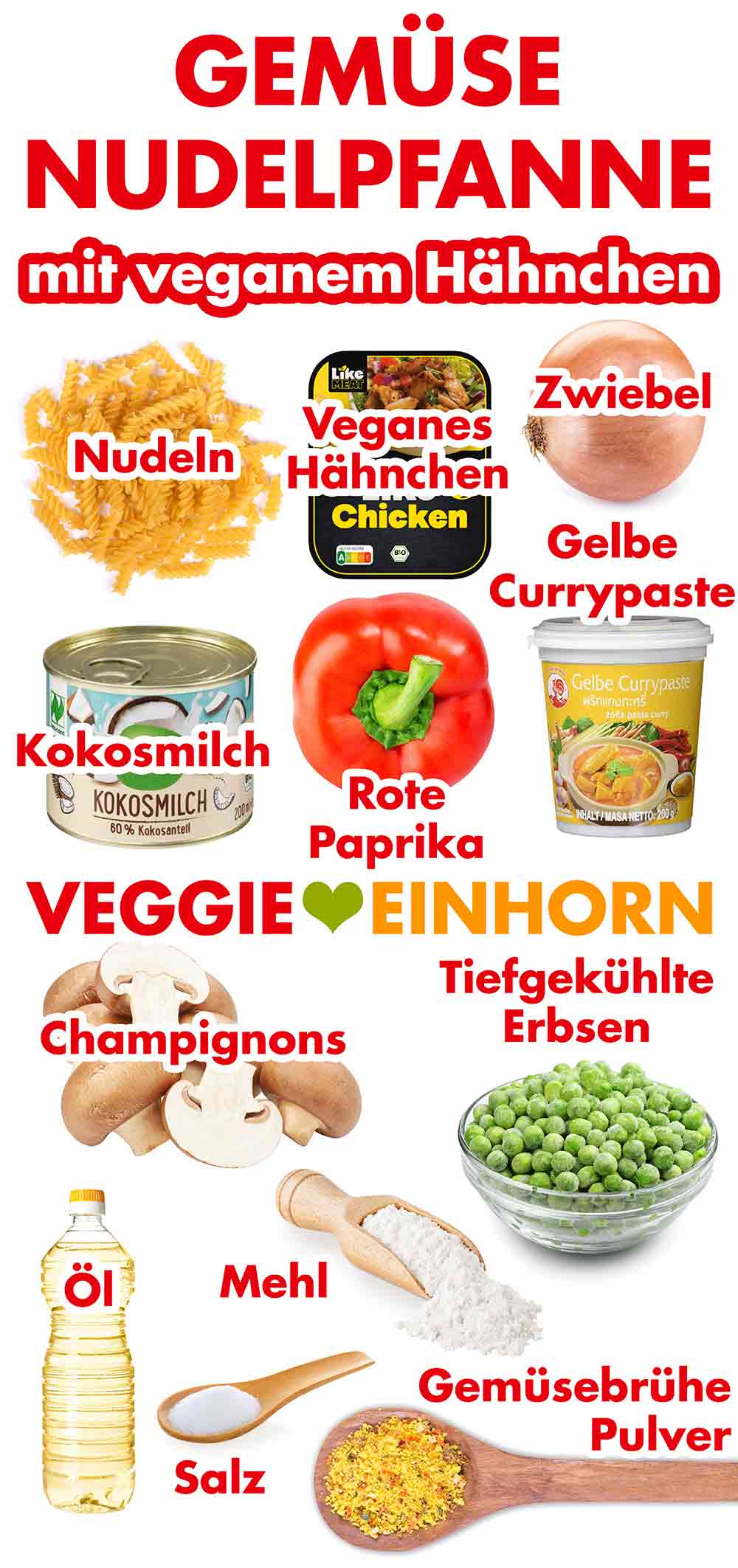 Zutaten für Gemüse Nudelpfanne mit veganem Hähnchen