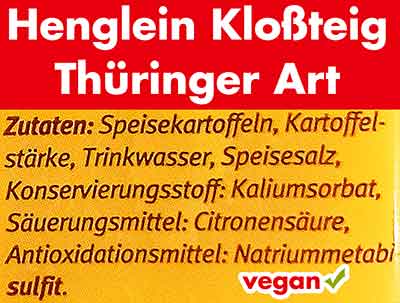 Inhaltstoffe von Henglein Kloßteig Thüringer Art