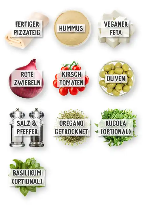 Zutaten für eine vegane Hummus-Pizza: fertiger Pizzateig, Hummus, veganer Feta, rote Zwiebeln, Kirschtomaten, grüne Oliven, Salz und Pfeffer, getrockneter Oregano, Rucola (optional), frisches Basilikum (optional).