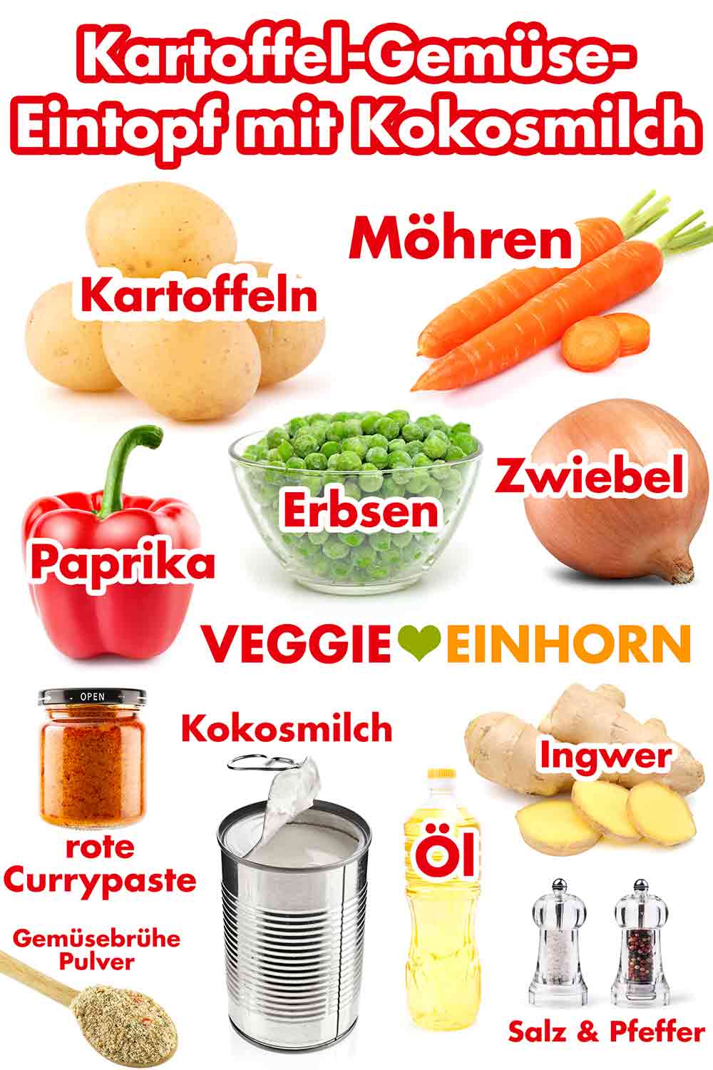 Zutaten für Kartoffel Gemüse Eintopf mit Kokosmilch