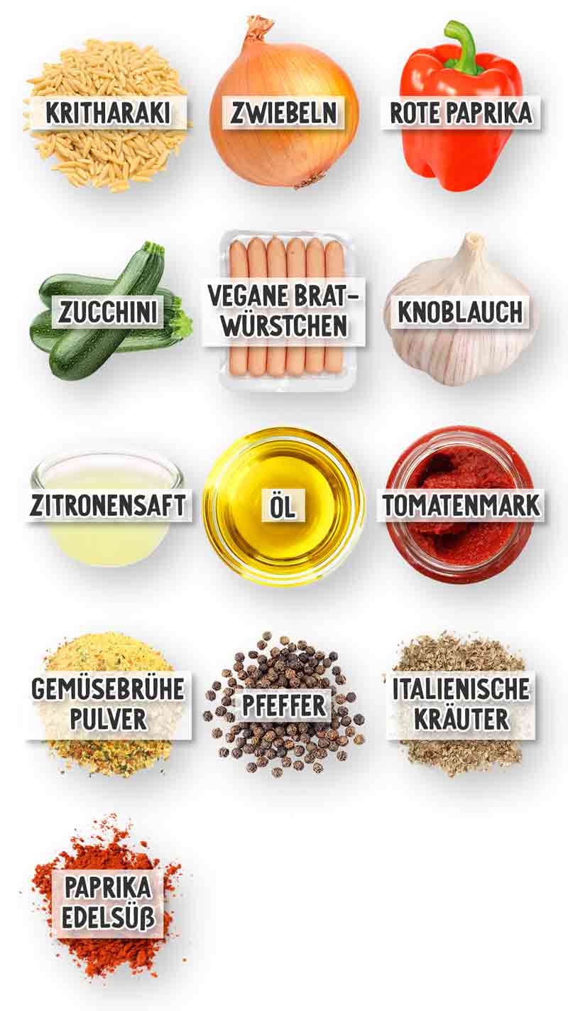 Zutatenübersicht mit Kritharaki-Nudeln, einer Zwiebel, roter Paprika, Zucchini, veganen Bratwürstchen, Knoblauchknolle, Zitronensaft, Öl, Tomatenmark, Gemüsebrühe-Pulver, ganzen schwarzen Pfefferkörnern, getrockneten italienischen Kräutern und edelsüßem Paprikapulver.