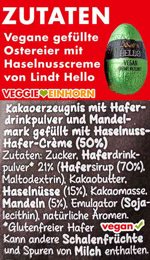 Zutaten der veganen gefüllten Schoko Ostereier mit Haselnusscreme von Lindt Hello
