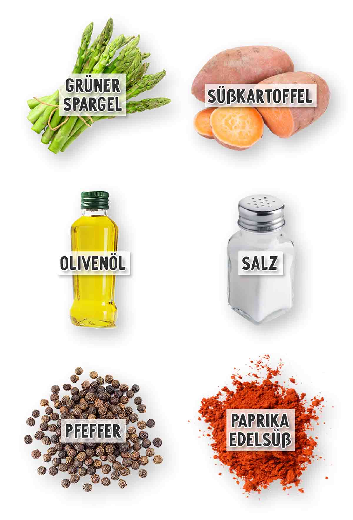 Grüner Spargel, Süßkartoffeln, Olivenöl, Salz, Pfeffer und edelsüßes Paprikapulver nebeneinander auf weißem Hintergrund angeordnet, jeweils mit Beschriftung.