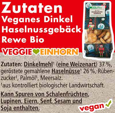 Zutatenliste des veganen Haselnussgebäckes von Rewe Bio