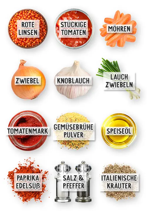 Zutaten für eine vegane Linsenbolognese in übersichtlicher Anordnung: Rote Linsen, stückige Tomaten, Möhren, Zwiebel, gepresster Knoblauch, Lauchzwiebeln, Tomatenmark, Gemüsebrühepulver, Speiseöl, edelsüßes Paprikapulver, Salz und Pfeffer, italienische Kräuter.
