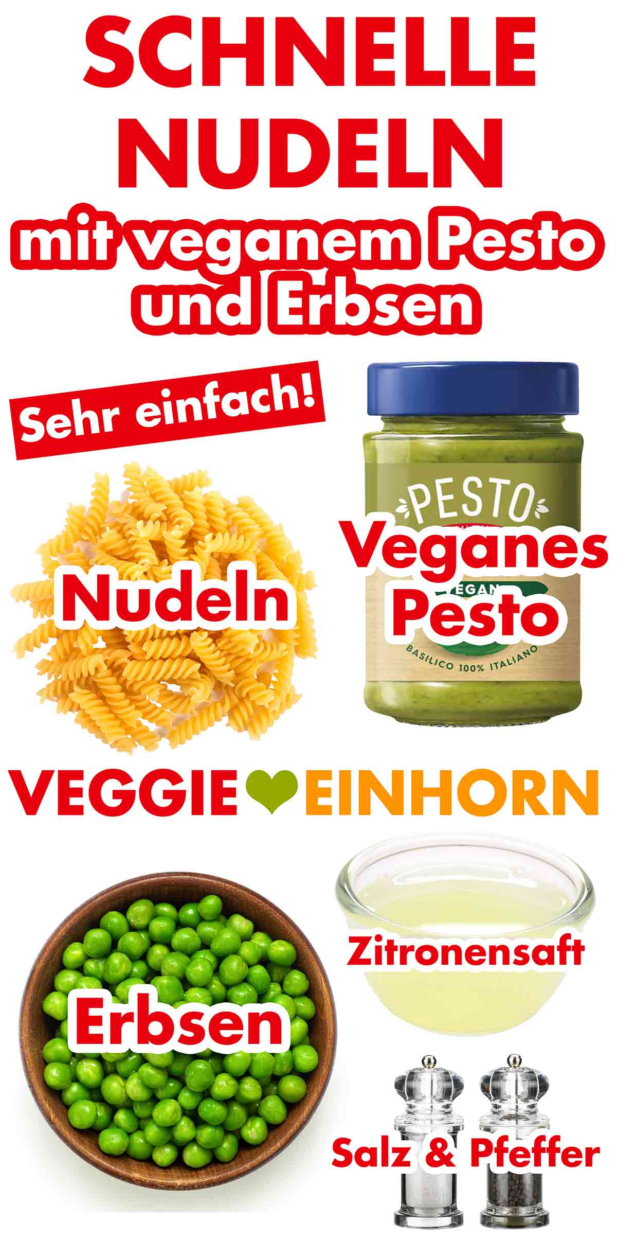 Zutaten für schnelle Nudeln mit veganem Pesto und Erbsen