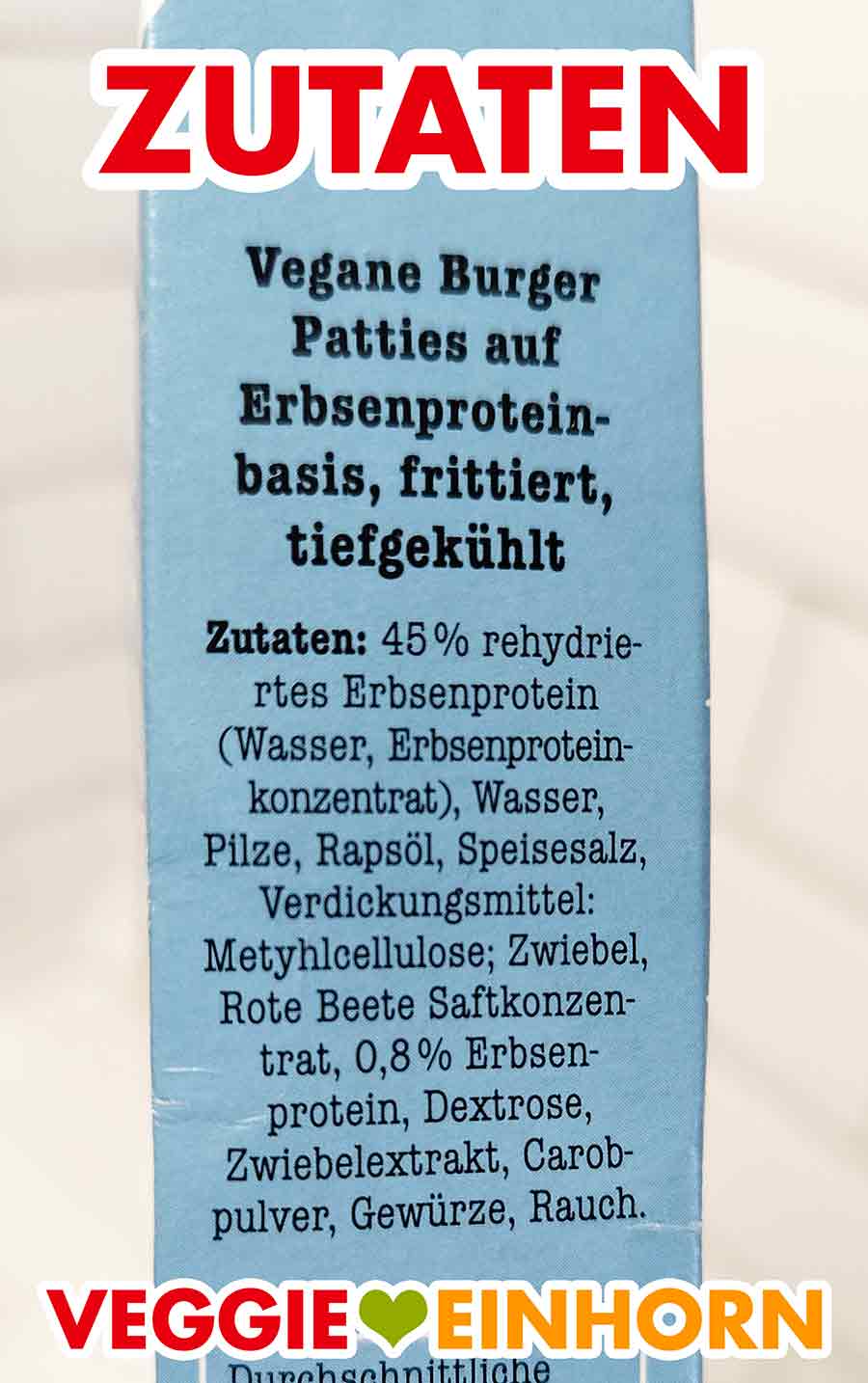 Zutatenliste auf der Packung der veganen TK-Burger Patties von Penny