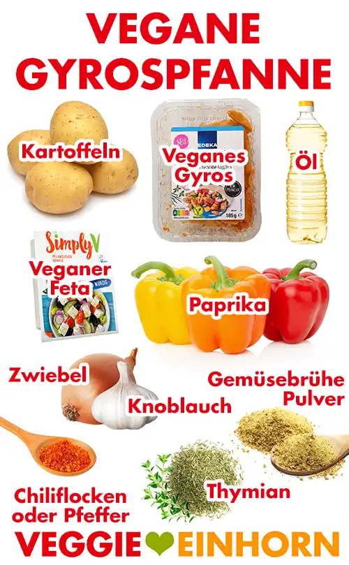 Zutaten für vegane Gyrospfanne mit Kartoffeln, Paprika und Feta