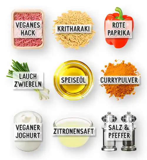 Zutaten für eine vegane Kritharaki-Hackfleisch-Pfanne: veganes Hack, Kritharaki-Nudeln, rote Paprika, Lauchzwiebeln, Speiseöl, Currypulver, veganer Joghurt, Zitronensaft sowie Salz und Pfeffer.