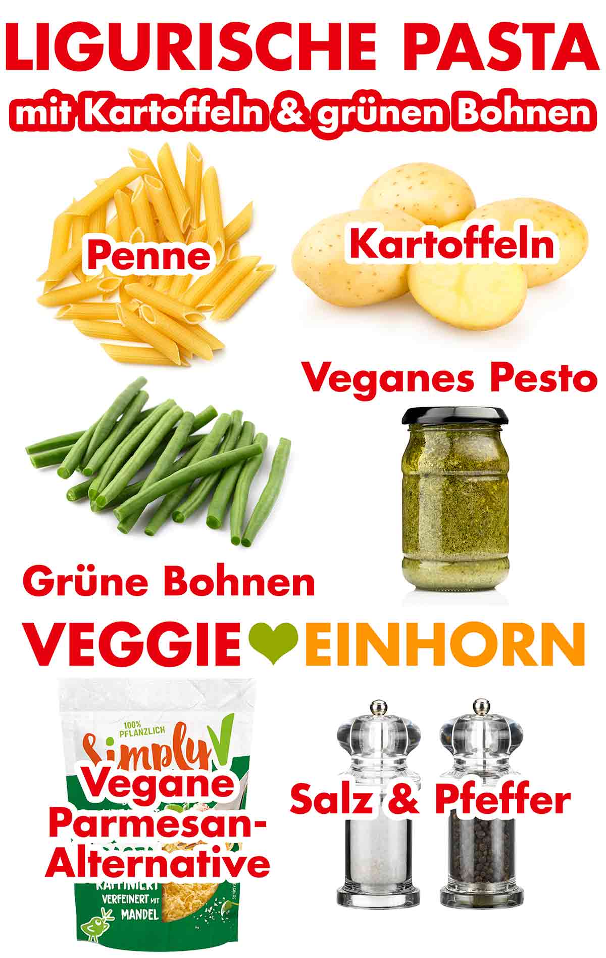 Zutaten für vegane ligurische Nudeln mit Kartoffeln und grünen Bohnen