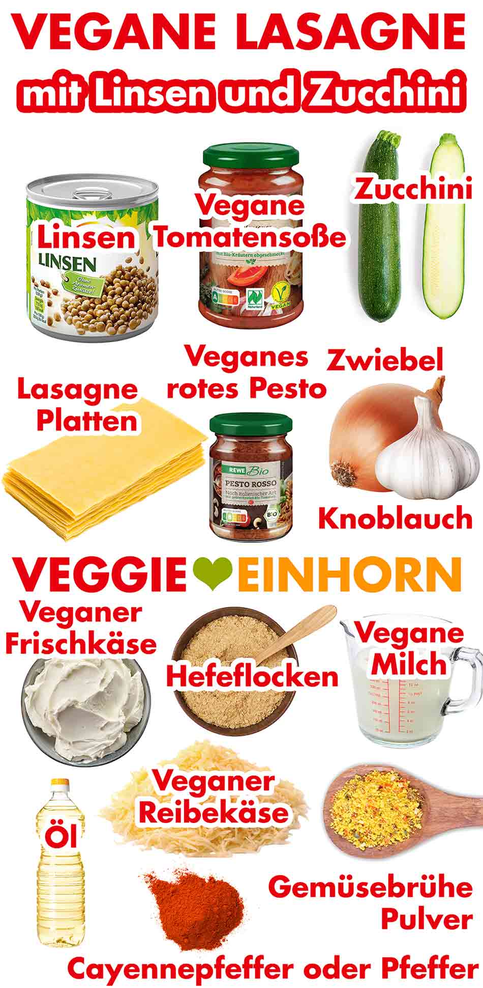 Zutaten für vegane Lasagne mit Linsen und Zucchini