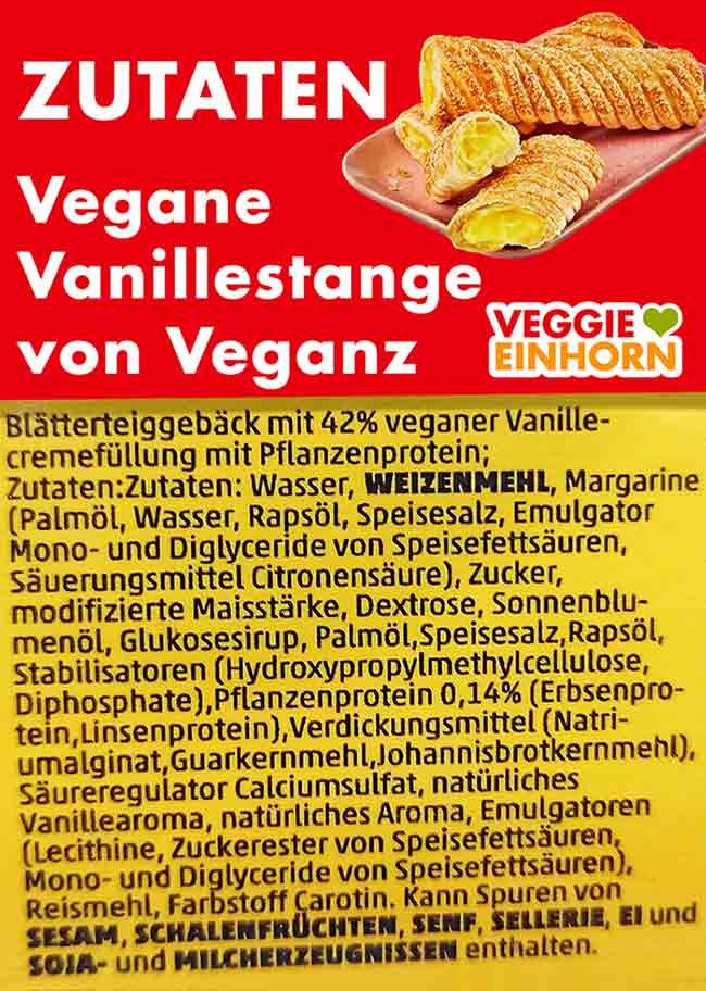 Zutaten der veganen Vanillestangen von Veganz