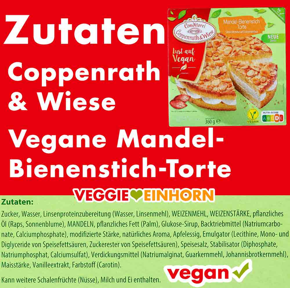 Zutaten der veganen Mandel-Bienenstich Torte von Coppenrath und Wiese