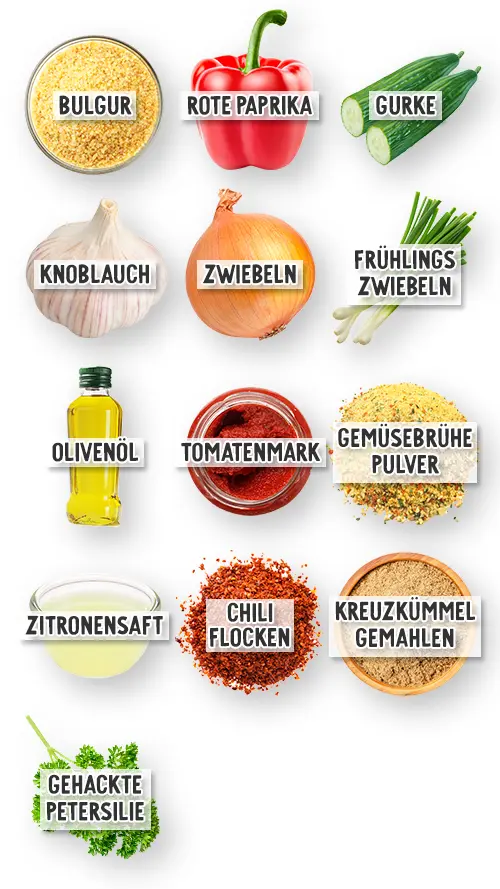 Zutaten für veganen Bulgursalat, jeweils mit Beschriftung: Bulgur, Paprika, Gurke, Zwiebeln, Knoblauch, Tomatenmark, Olivenöl, Zitronensaft, Chili, Kreuzkümmel, Gemüsebrühe, Petersilie.