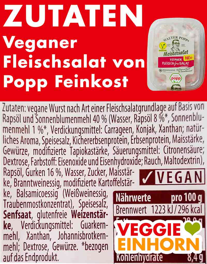 Zutaten des veganen Fleischsalates von Popp Feinkost