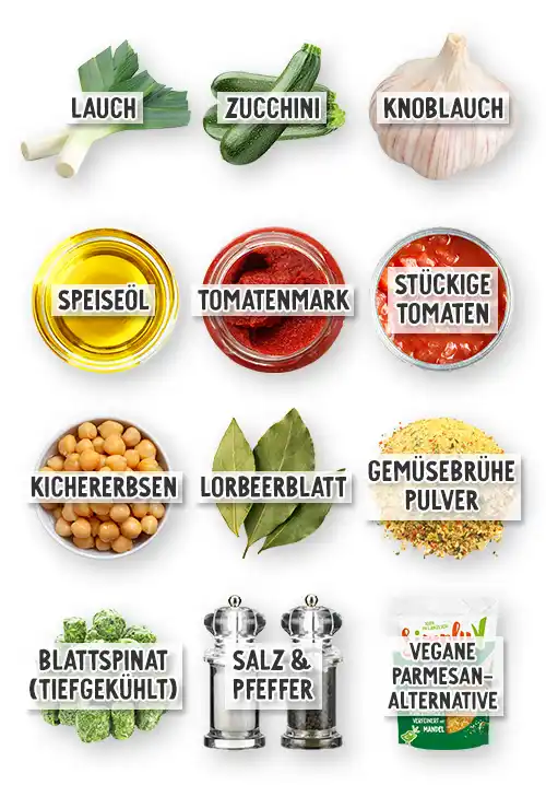 Zutaten für einen veganen Gemüseeintopf mit Kichererbsen: Lauch, Zucchini, Knoblauch, Speiseöl, Tomatenmark, stückige Tomaten, Kichererbsen, Lorbeerblatt, Gemüsebrühepulver, tiefgekühlter Blattspinat, Salz, Pfeffer und veganer Parmesan.
