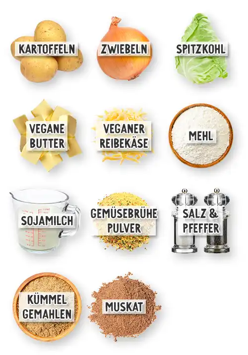 Zutaten für einen veganen Kartoffel-Spitzkohl-Auflauf nebeneinander angeordnet: Kartoffeln, Zwiebeln, Spitzkohl, vegane Butter, veganer Reibekäse, Mehl, Sojamilch, Gemüsebrühepulver, Salz und Pfeffer, gemahlener Kümmel und Muskat.