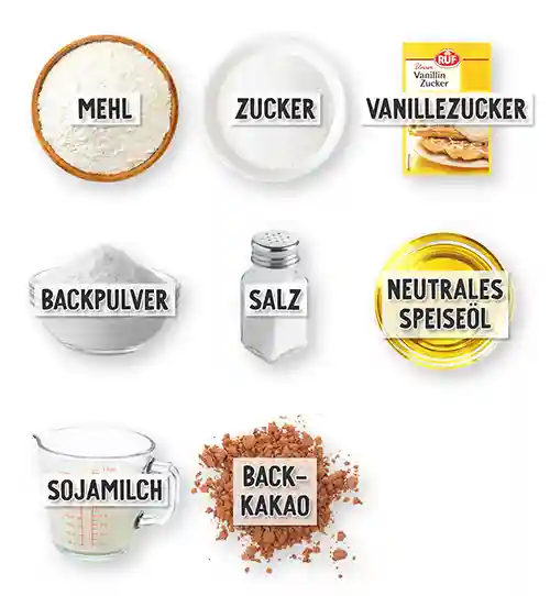 Übersicht der Zutaten für veganen Marmorkuchen vom Blech mit Beschriftungen: Mehl, Zucker, Vanillezucker, Backpulver, Salz, neutrales Öl, Sojamilch und Backkakao.