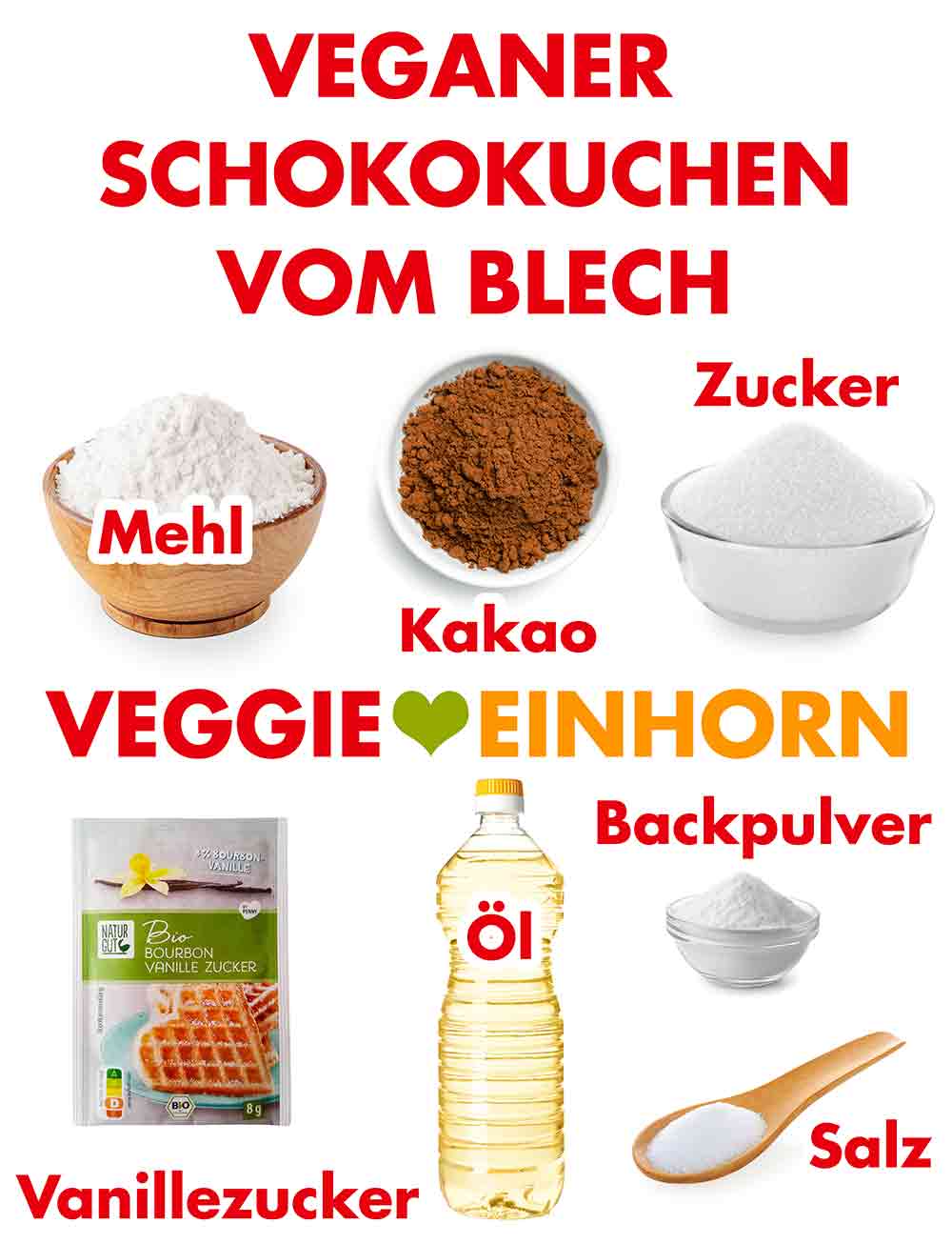 Zutaten für veganen Schoko Blechkuchen mit Kakaopulver