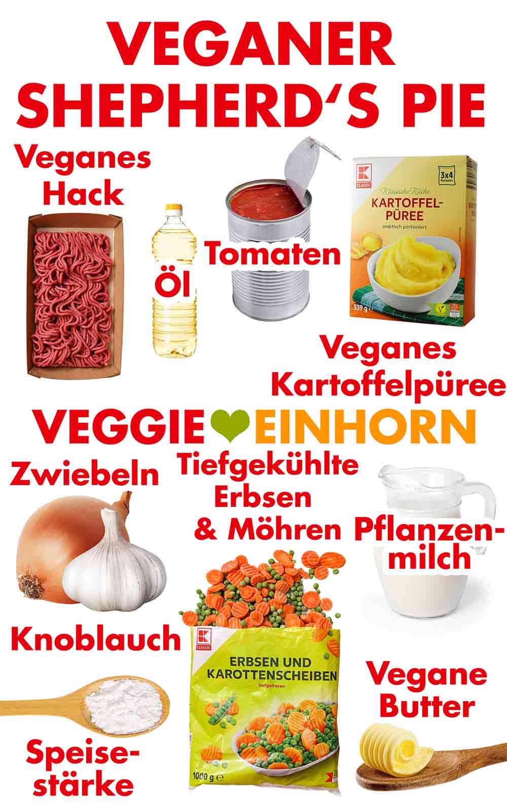 Zutaten für veganen Shepherd's Pie mit veganem Hackfleisch
