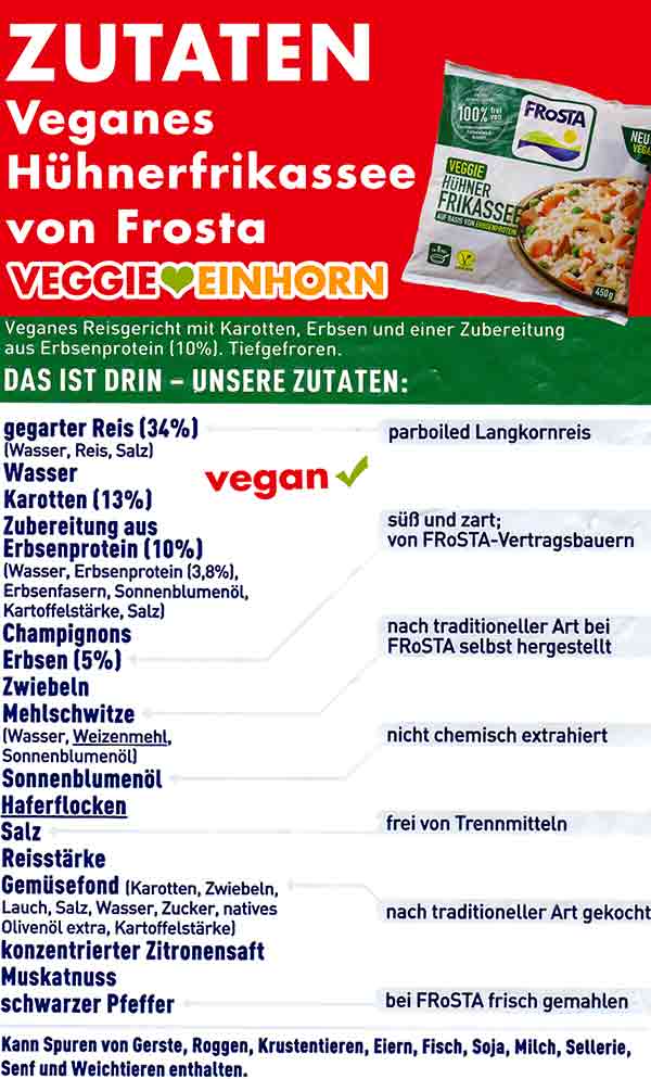 Zutaten des Frosta Veggie Hühnerfrikassees